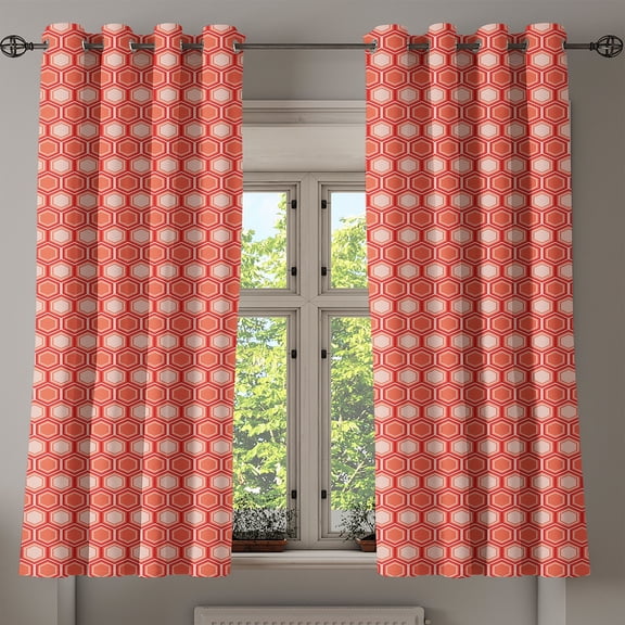 Ambesonne Geometric Grommet Curtain, Hexagonal Comb Tile, 50" x 63", Peach Coral Dark Coral