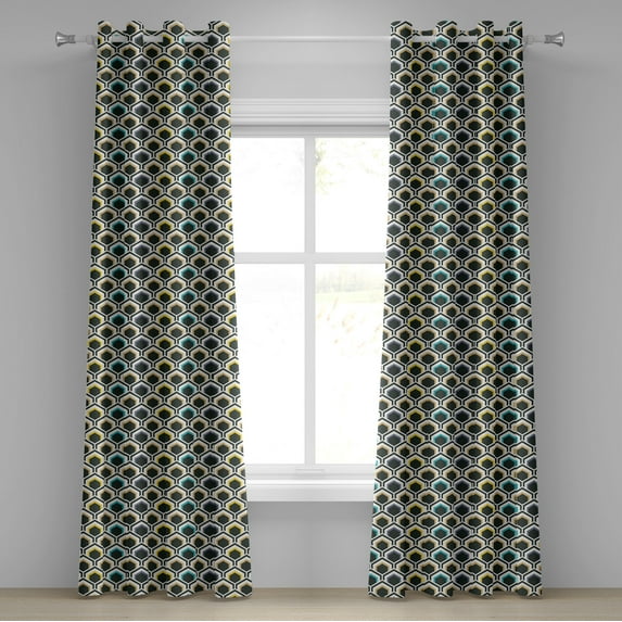 Ambesonne Geometric Grommet Curtain, Hexagonal Overlapping, 50" x 96", Black Sky Blue Yellow