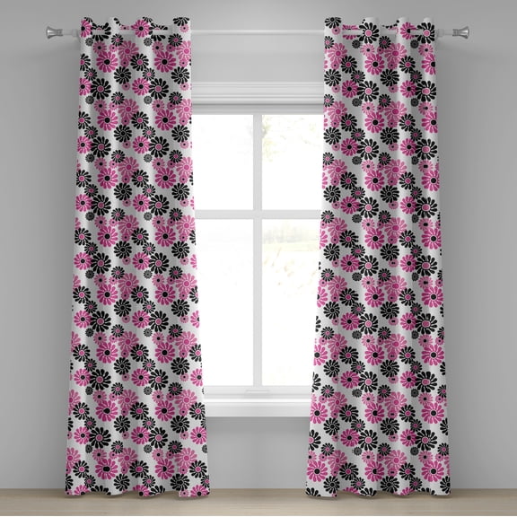 Ambesonne Geometric Grommet Curtain, Old Fashioned Blooming, 50" x 84", Hot Pink White Black