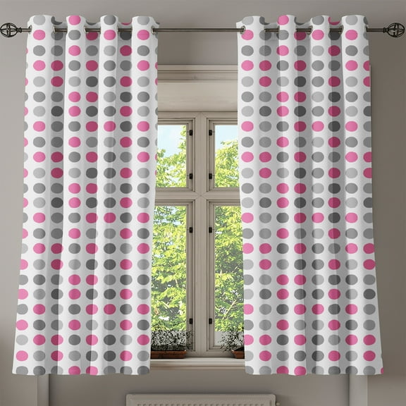 Ambesonne Geometric Grommet Curtain, Polka Dots Motifs, 50" x 63", White Grey Pink