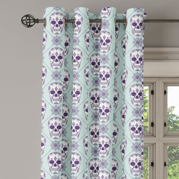 Ambesonne Geometric Grommet Curtain Single Panel, Floral Damask Skulls, 50"x60", Pale Blue Purple White