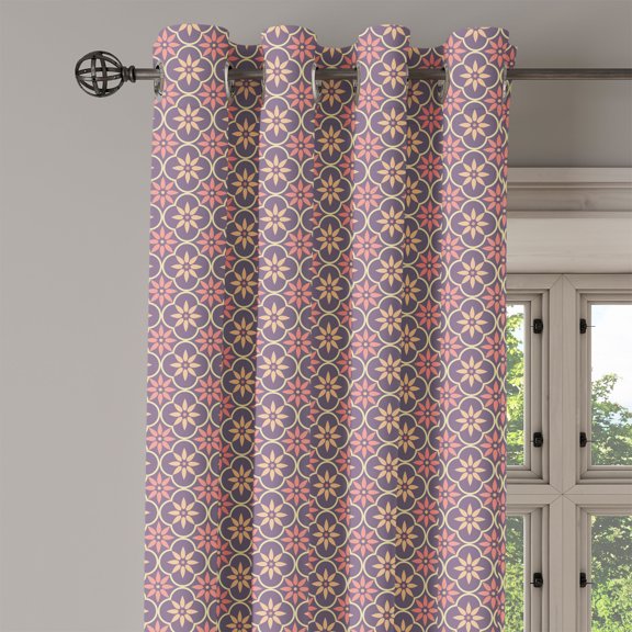 Ambesonne Geometric Grommet Curtain Single Panel, Floral Eastern Motifs, 50"x60", Pale Orange Mauve Coral