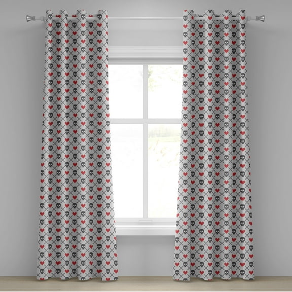 Ambesonne Geometric Grommet Curtain, Skulls Red Hearts, 50" x 108", Grey Red Coconut