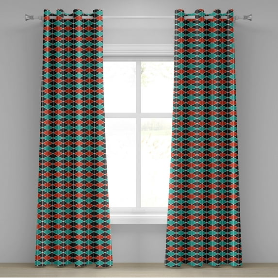 Ambesonne Geometric Grommet Curtain, Triangles Hexagons, 50" x 84", Dark Coral Sea Green