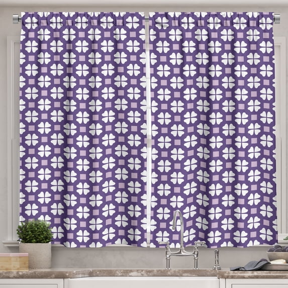 Ambesonne Geometric Kitchen Curtains, 4 Leaf Clovers Motif, 55"x45", Lilac Dark Violet