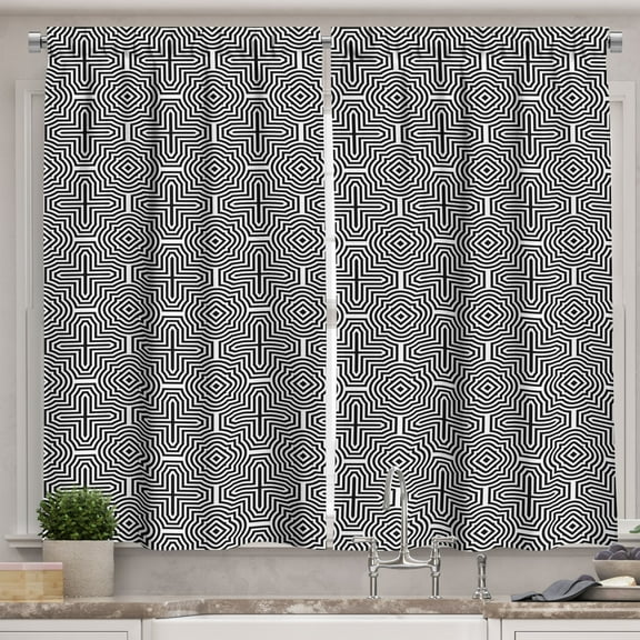 Ambesonne Geometric Kitchen Curtains, Abstract Plus Shapes Art, 55"x24", Charcoal Grey and White