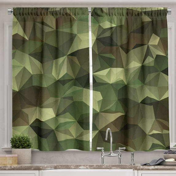 Ambesonne Geometric Kitchen Curtains, Angular Polygon Design, 55"x39", Olive Green Green Brown