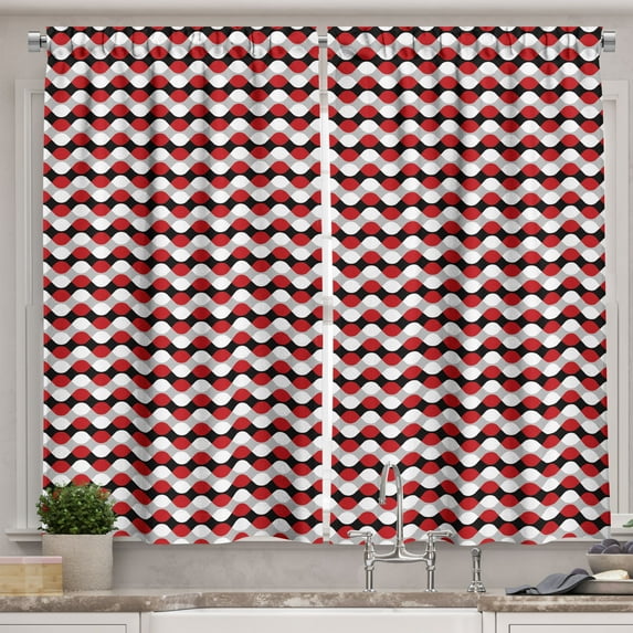 Ambesonne Geometric Kitchen Curtains, Bicolor Oval Shapes, 55"x45", Vermilion Grey White