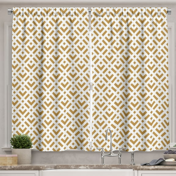 Ambesonne Geometric Kitchen Curtains, Brownish Squares Lines, 55"x30", Pale Brown and White