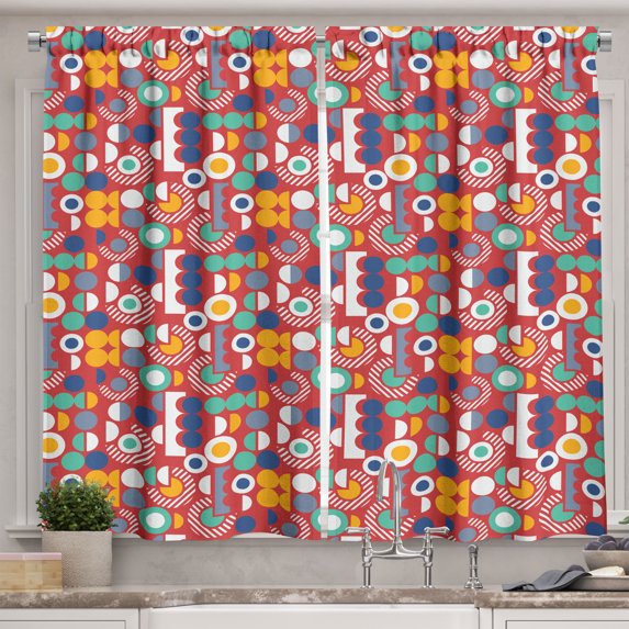Ambesonne Geometric Kitchen Curtains, Colorful Circles Dashes, 55"x30", Dark Coral Violet White