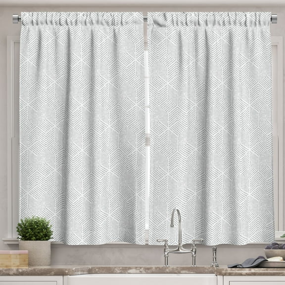 Ambesonne Geometric Kitchen Curtains, Cube Shaped Stripes Art, 55"x45", Pale Grey White