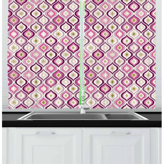 Ambesonne Geometric Kitchen Curtains, Doodle Style Leaf, 55"x45", Purple Pink Olive Green