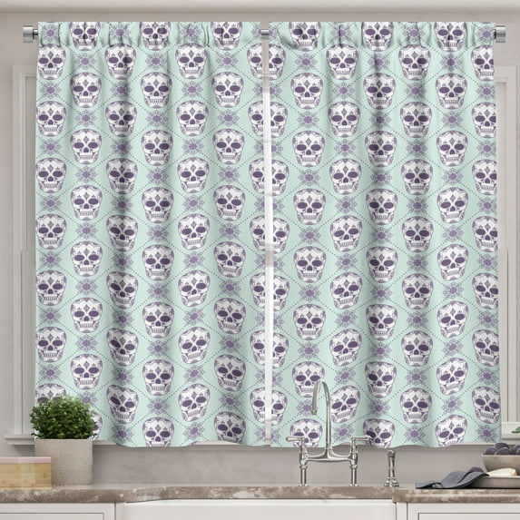 Ambesonne Geometric Kitchen Curtains, Floral Damask Skulls, 55"x45", Pale Blue Purple White