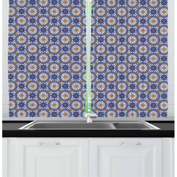 Ambesonne Geometric Kitchen Curtains, Flower Pattern Orient, 55"x45", Violet Blue Orange Green