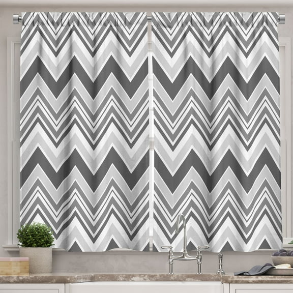 Ambesonne Geometric Kitchen Curtains, Grayscale Zig Zag Pattern, 55"x24", Grey and White