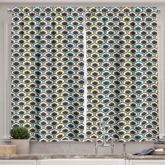 Ambesonne Geometric Kitchen Curtains, Hexagonal Overlapping, 55"x39", Black Sky Blue Yellow