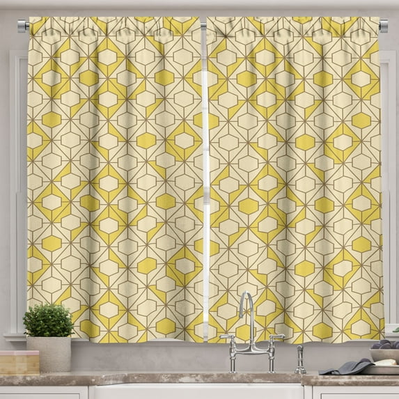 Ambesonne Geometric Kitchen Curtains, Hexagons Rhombuses Art, 55"x45", Mustard Champagne and Beige