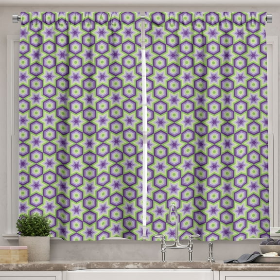 Ambesonne Geometric Kitchen Curtains, Hexagons and Stars Art, 55"x36", Pale Purple and Lime Green