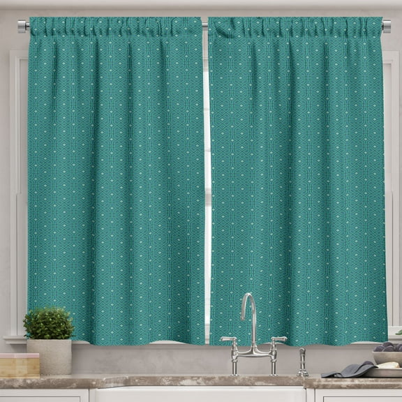 Ambesonne Geometric Kitchen Curtains, Interlaced Ornament, 55"x39", Night Blue Sea Green