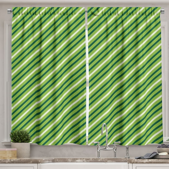 Ambesonne Geometric Kitchen Curtains, Irish Striped Pattern, 55"x45", Lime Green Dark Green