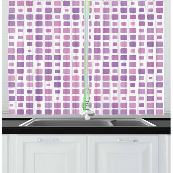 Ambesonne Geometric Kitchen Curtains, Random Ombre Square Tiles, 55"x39", Violet Lilac and White