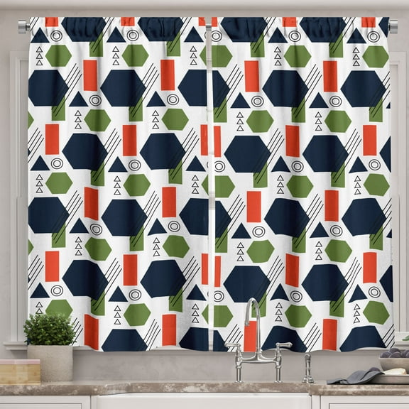 Ambesonne Geometric Kitchen Curtains, Rectangles Triangles Line, 55"x24", Olive Green and Violet Blue