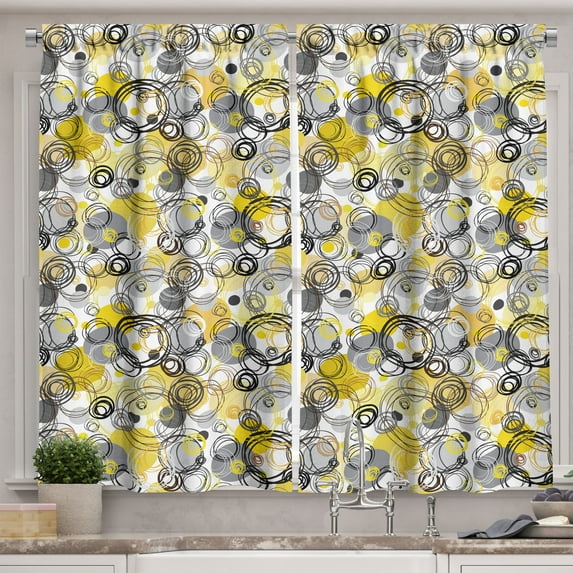 Ambesonne Geometric Kitchen Curtains, Sketchy Circles, 55"x39", White Beige