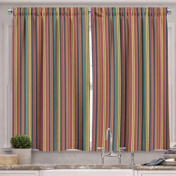 Ambesonne Geometric Kitchen Curtains, Vertical Lines Dark Back, 55"x45", Pale Vermilion and Mustard