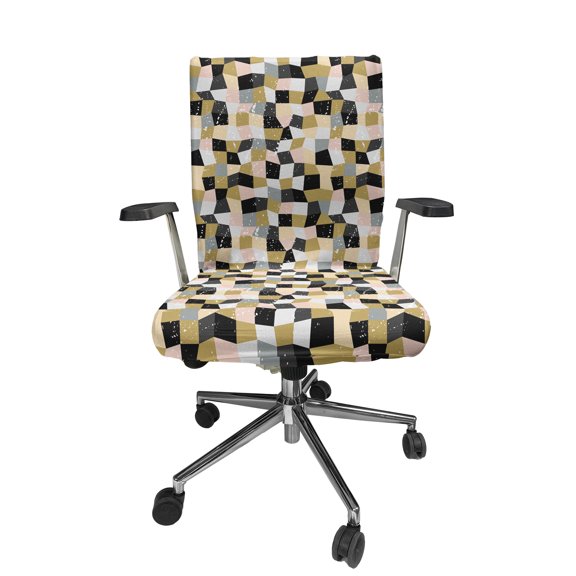 Ambesonne Geometric Office Chair Cover Stretchable High Back, Grunge Polygonal Check, Fawn Blush and Grey