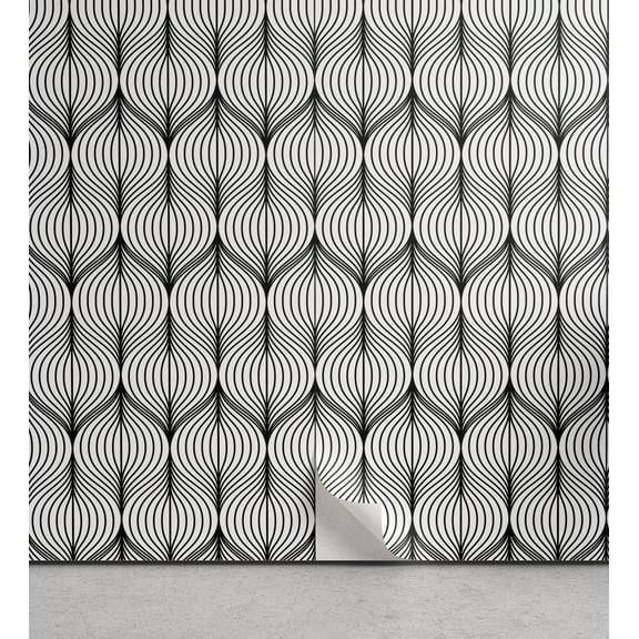 Ambesonne Geometric Peel & Stick Wallpaper for Home, Abstract Tile Wavy Lines, 13"x100", Black White