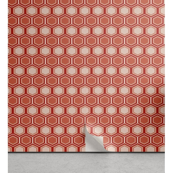 Ambesonne Geometric Peel & Stick Wallpaper for Home, Hexagonal Comb Tile, 13"x36", Peach Coral Dark Coral