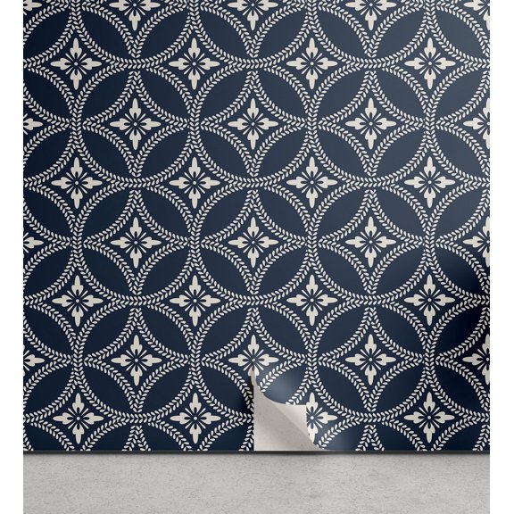Ambesonne Geometric Peel & Stick Wallpaper for Home, Japanese Lotus Circle, 13"x36", Dark Blue Cream