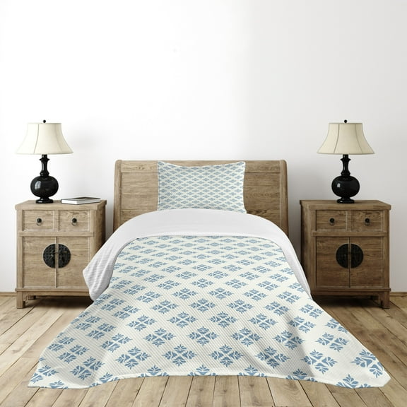 Ambesonne Geometric Quilted Bedspread Set 2 Pcs, Abstract Foliage Leaf, Twin Size, Slate Blue Cream
