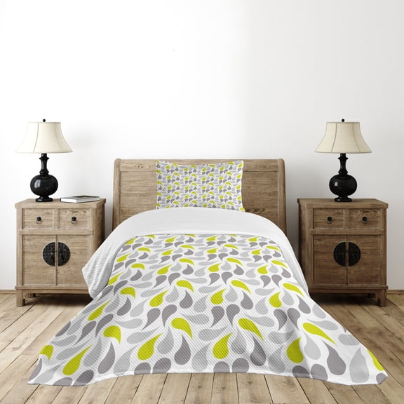 Ambesonne Geometric Quilted Bedspread Set 2 Pcs, Abstract Paisley, Twin Size, Yellow Green Grey White