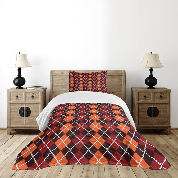 Ambesonne Geometric Quilted Bedspread Set 2 Pcs, Autumn Scottish Argyle, Twin Size, Multicolor
