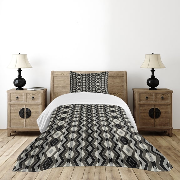 Ambesonne Geometric Quilted Bedspread Set 2 Pcs, Chevron Zigzags Boho, Twin Size, Charcoal Grey Black