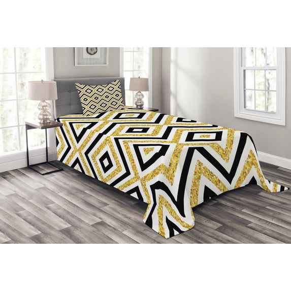 Ambesonne Geometric Quilted Bedspread Set 2 Pcs, Contemporary Design, Twin Size, White Black and Yellow