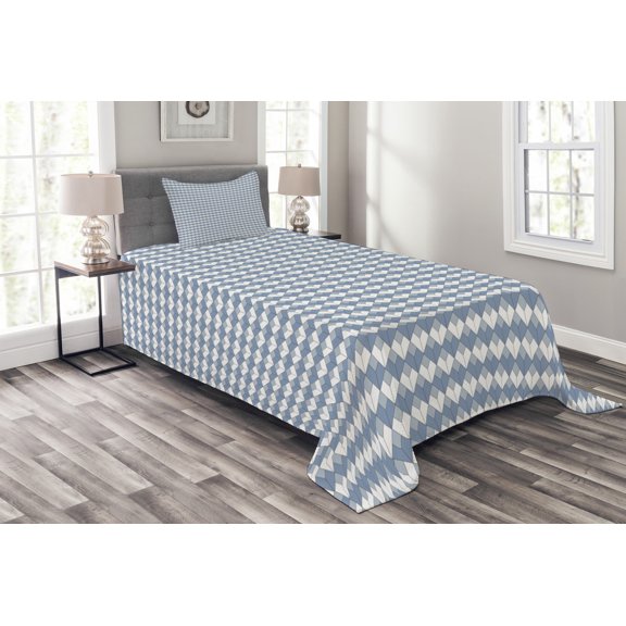 Ambesonne Geometric Quilted Bedspread Set 2 Pcs, Diamond Line Modern, Twin Size, Slate Blue White Blue