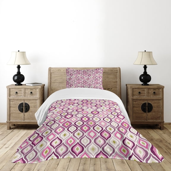 Ambesonne Geometric Quilted Bedspread Set 2 Pcs, Doodle Style Leaf, Twin Size, Purple Pink Olive Green