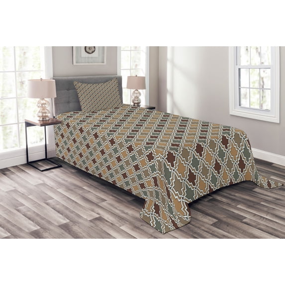Ambesonne Geometric Quilted Bedspread Set 2 Pcs, Eastern Look Mosaic Tile, Twin Size, Tan Brown Sage Green