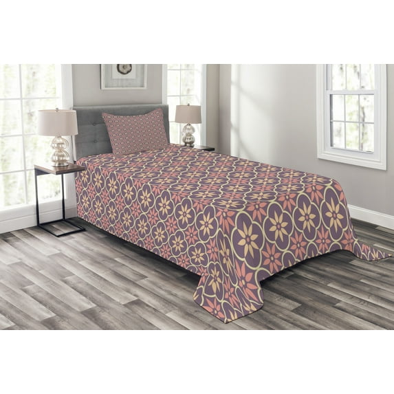 Ambesonne Geometric Quilted Bedspread Set 2 Pcs, Floral Eastern Motifs, Twin Size, Pale Orange Mauve Coral