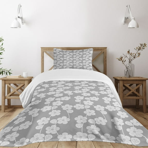 Ambesonne Geometric Quilted Bedspread Set 2 Pcs, Flower Buds Vintage, Twin Size, Grey Beige