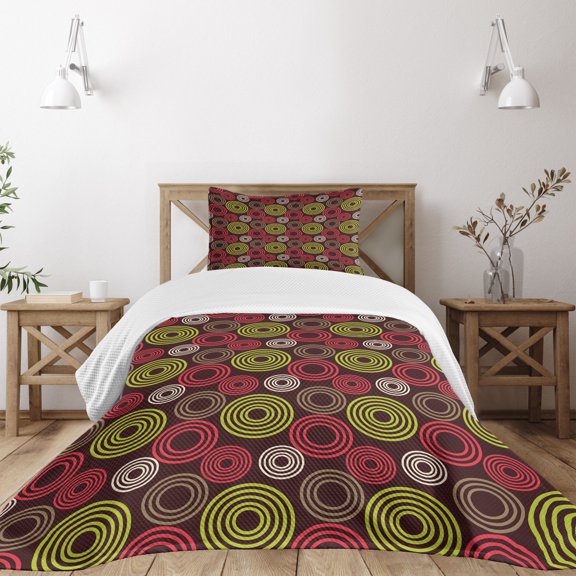 Ambesonne Geometric Quilted Bedspread Set 2 Pcs, Funky Vortex Lines, Twin Size, Lime Green Dark Brown