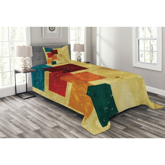 Ambesonne Geometric Quilted Bedspread Set 2 Pcs, Grunge Squares, Twin Size, Multicolor