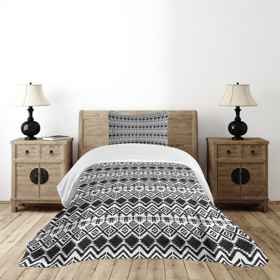 Ambesonne Geometric Quilted Bedspread Set 2 Pcs, Hand Drawn Pattern, Twin Size, Black White