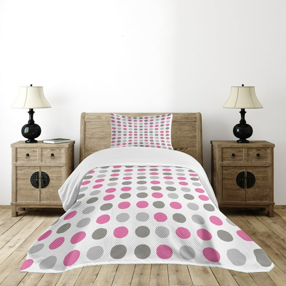 Ambesonne Geometric Quilted Bedspread Set 2 Pcs, Polka Dots Motifs, Twin Size, White Grey Pink