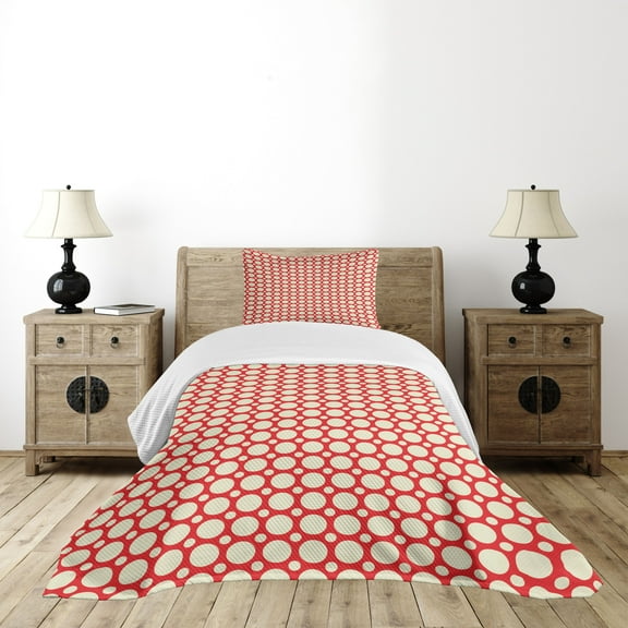 Ambesonne Geometric Quilted Bedspread Set 2 Pcs, Polka Dots Vibrant, Twin Size, Pale Yellow Red