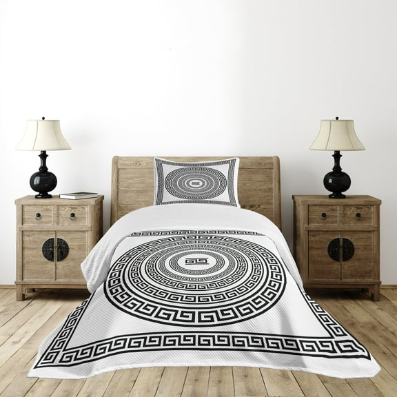 Ambesonne Geometric Quilted Bedspread Set 2 Pcs, Rounds Lines Square Art, Twin Size, White and Black
