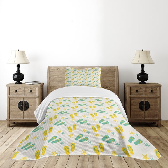 Ambesonne Geometric Quilted Bedspread Set 2 Pcs, Sandals and Starfish, Twin Size, Seafoam Yellow White