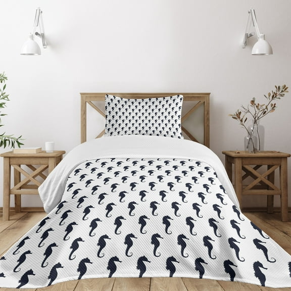 Ambesonne Geometric Quilted Bedspread Set 2 Pcs, Seahorse Silhouettes, Twin Size, Dark Blue White